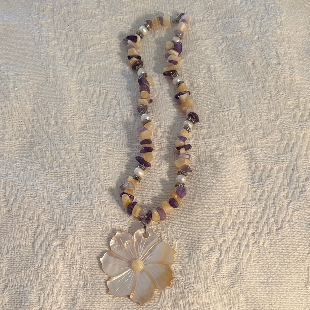 Handmade Purple and Cream Beaded Flower Pendant Necklace